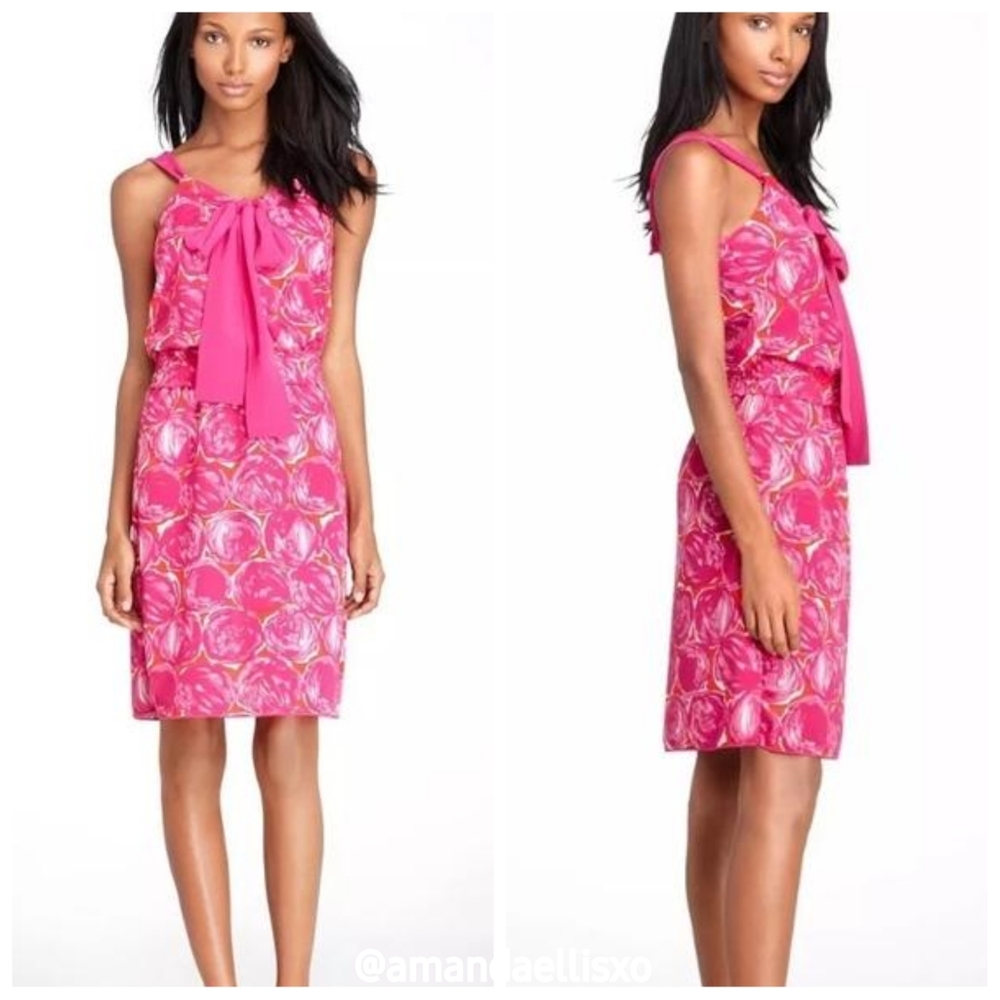 Tory Burch Abstract Print Habanero Pepper Magenta Monica Silk Tie Neck Dress